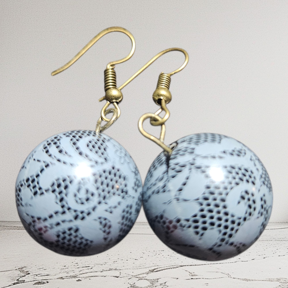 ⭐Black & Gray Lace Gumball Style 20mm 1" Dangle Earrings, Handmade, Brand New
